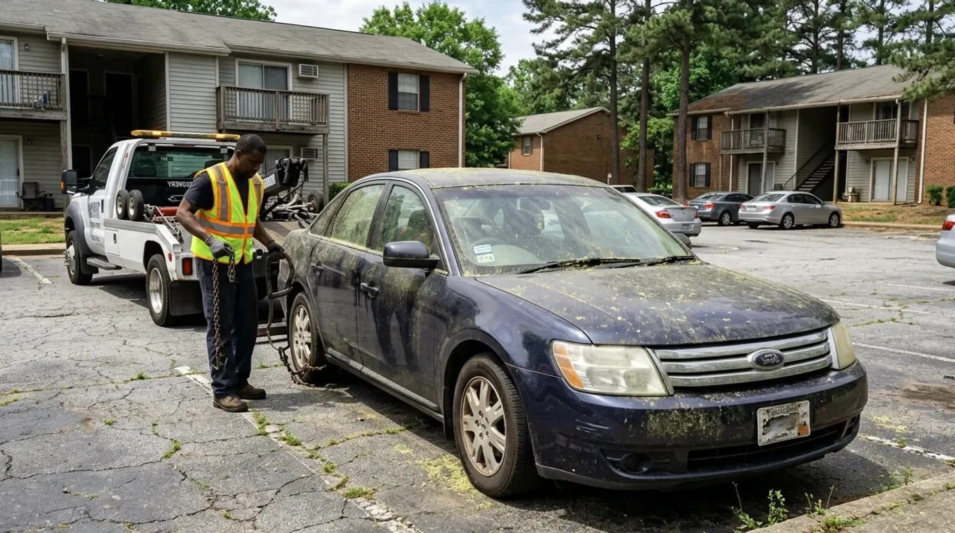 A dusty sedan with flat tires sitting unmoved at the back of a gravel lot