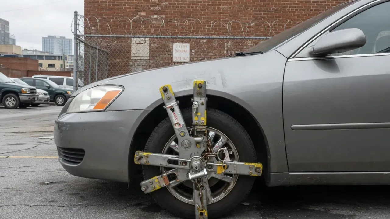 A gray sedan with a yellow and steel wheel boot clamped to its front wheel in a lot