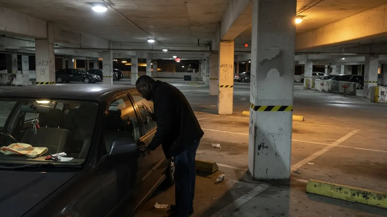 Driver standing beside a locked car in an Atlanta parking space
