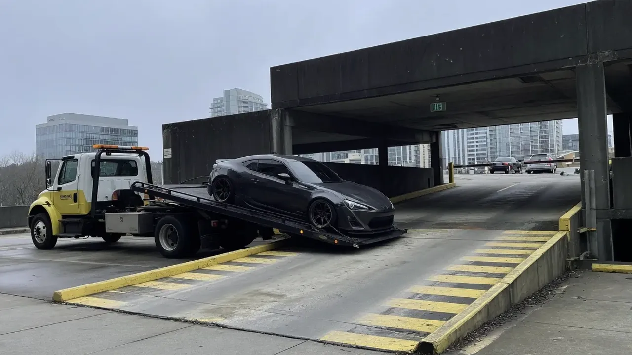 A low coupe being rolled up a shallow ramp onto a flatbed beside a brick building at dusk