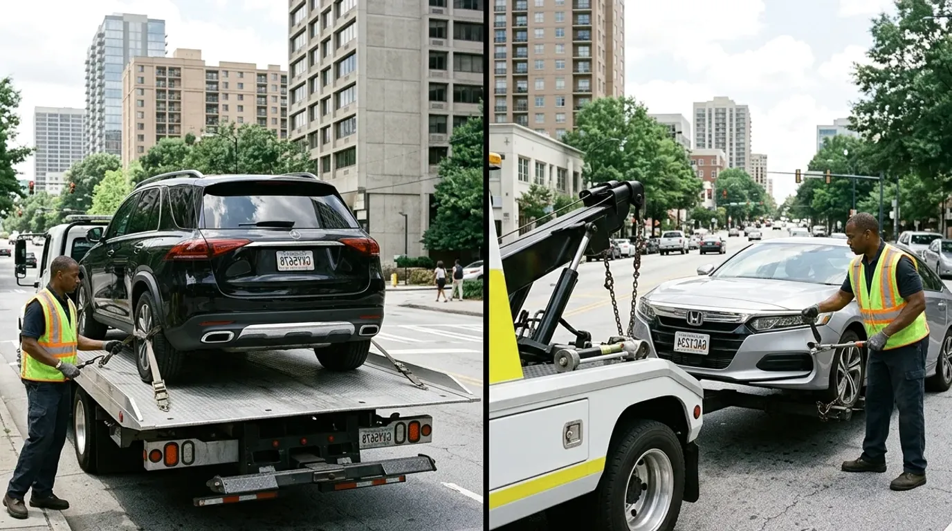 Flatbed truck winching a disabled car onto its bed