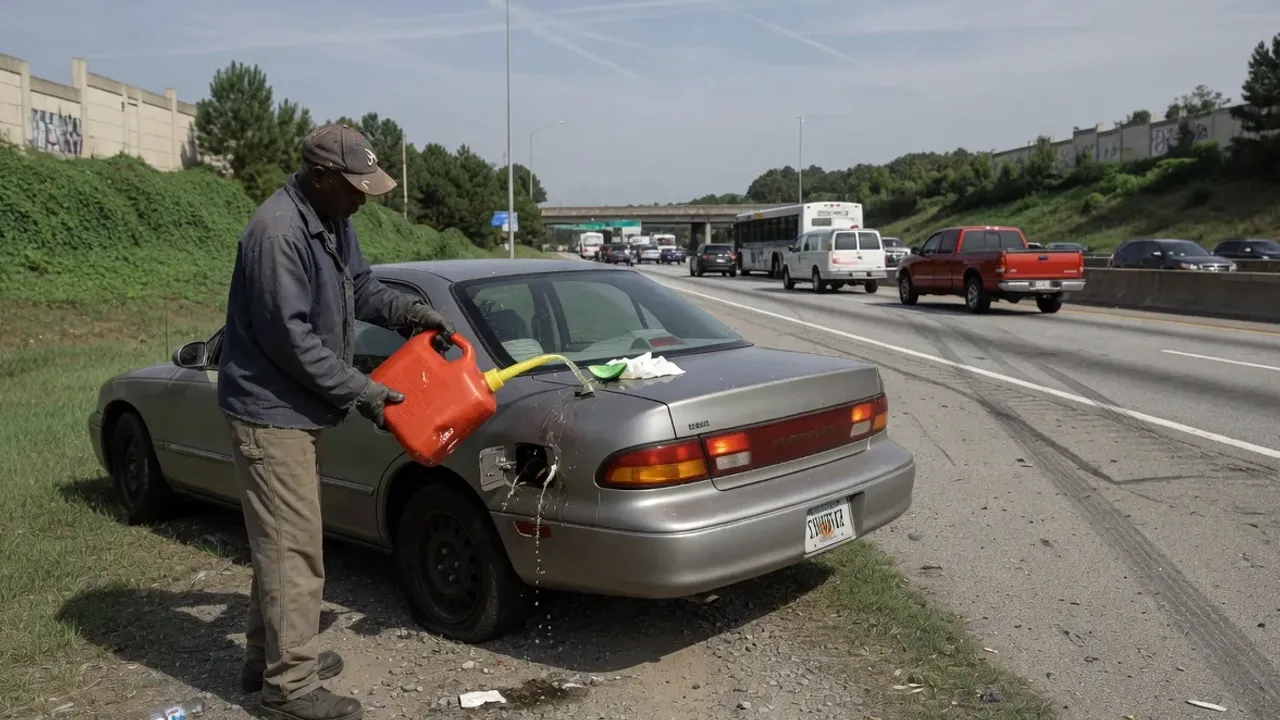 A red gas can on the shoulder beside a sedan on an Atlanta interstate at dusk