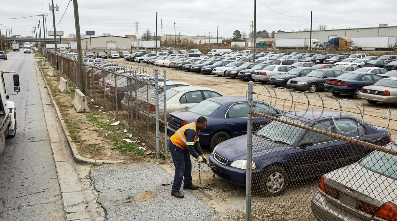Rows of parked cars inside a fenced storage lot on an industrial street near Atlanta