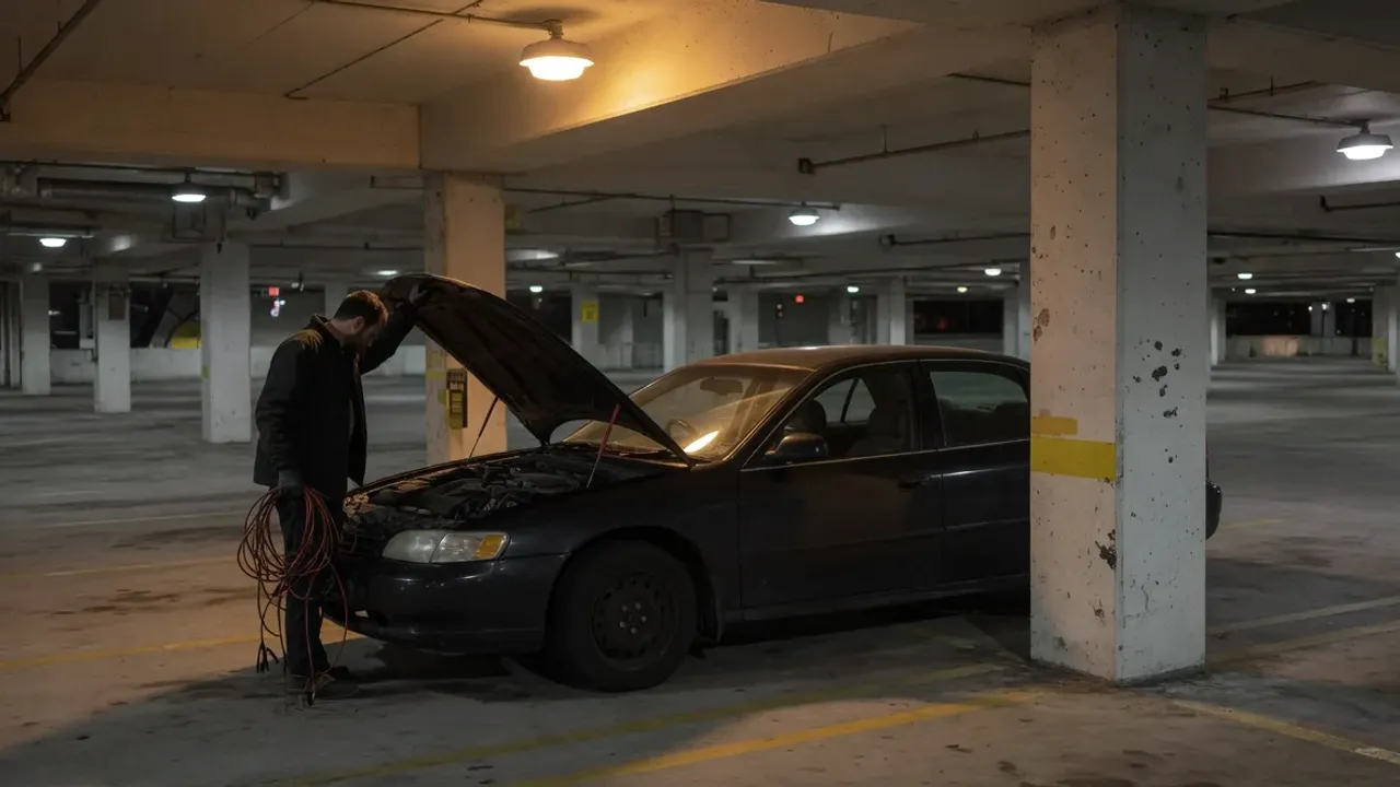 A driver standing at the open hood of a car on the second level of a parking deck in Atlanta