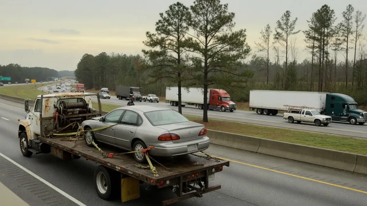 A flatbed tow truck carrying a car along a wide interstate south of Atlanta
