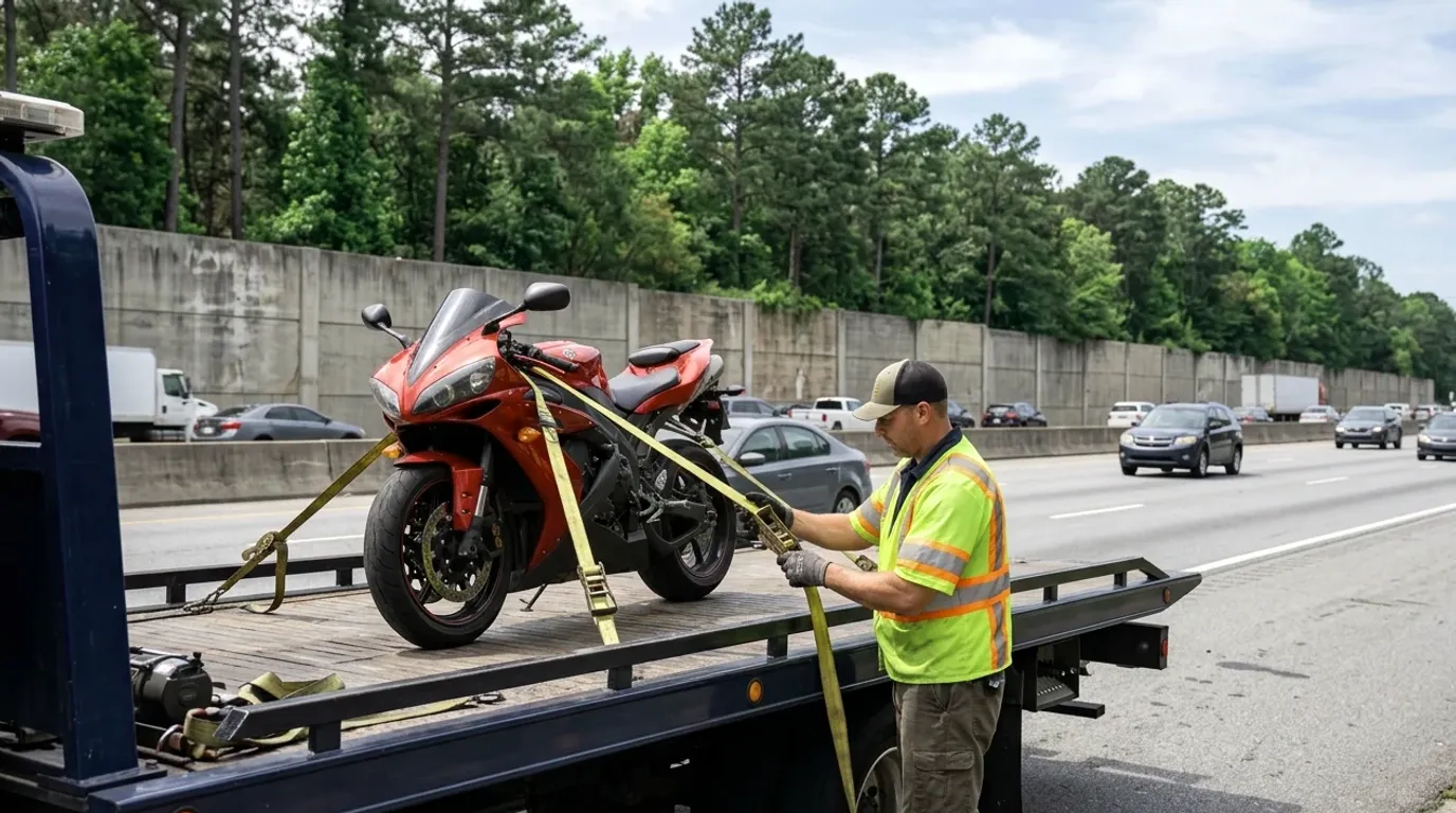 A touring motorcycle held upright by soft loops and a front wheel chock on a flatbed deck