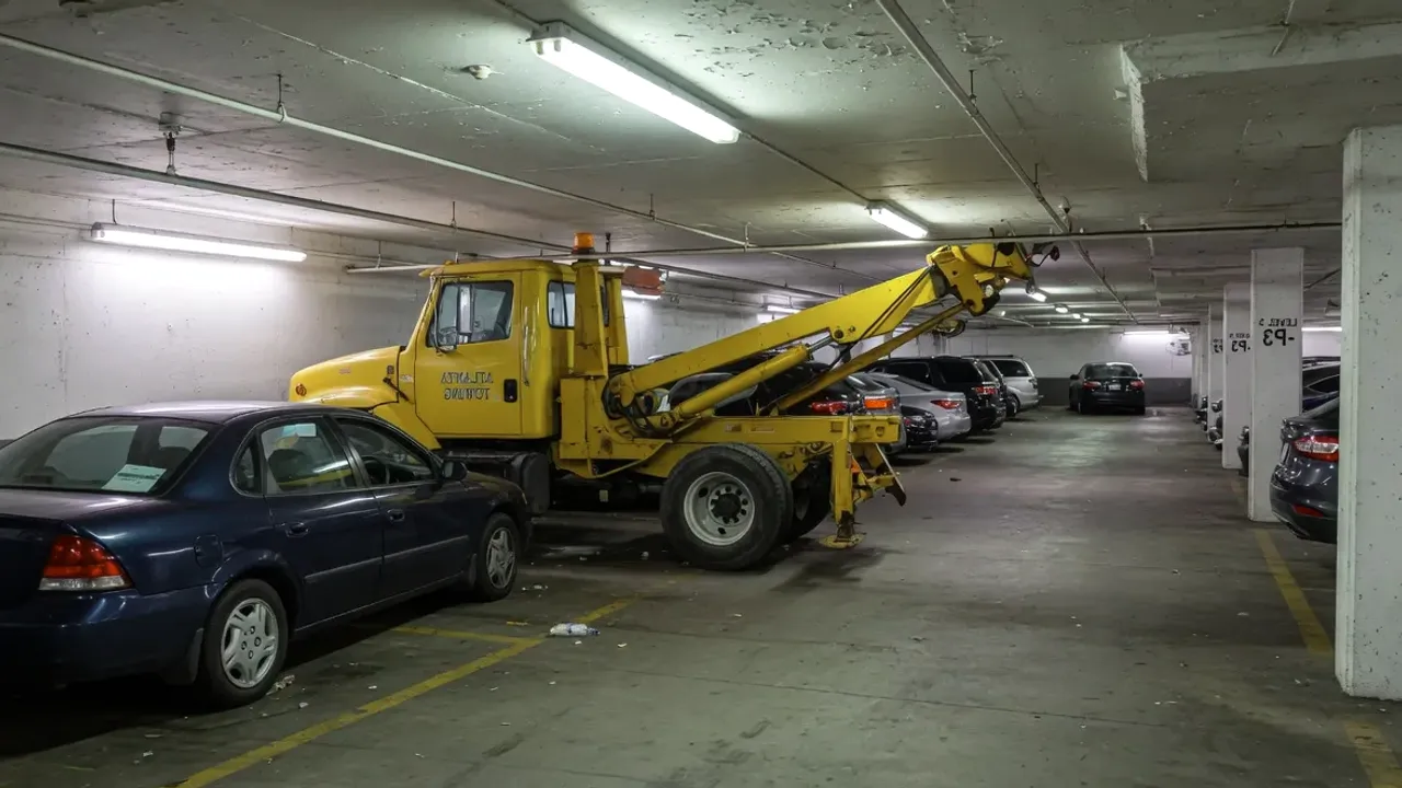 A compact tow truck backing carefully into a narrow level of a concrete parking structure