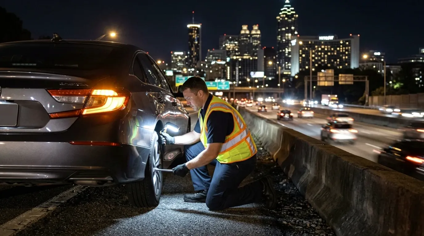Flatbed tow truck loading a car on an Atlanta shoulder
