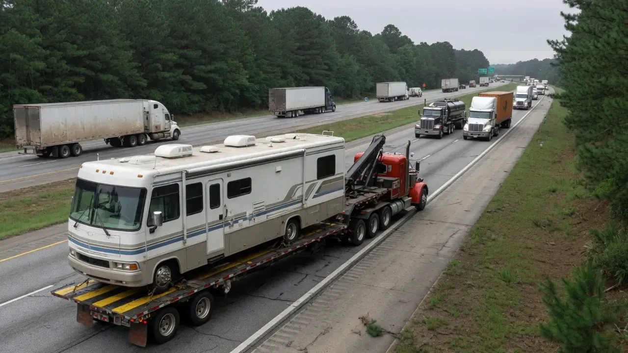 A white and tan motorhome riding on a flatbed hauler along a busy Georgia interstate