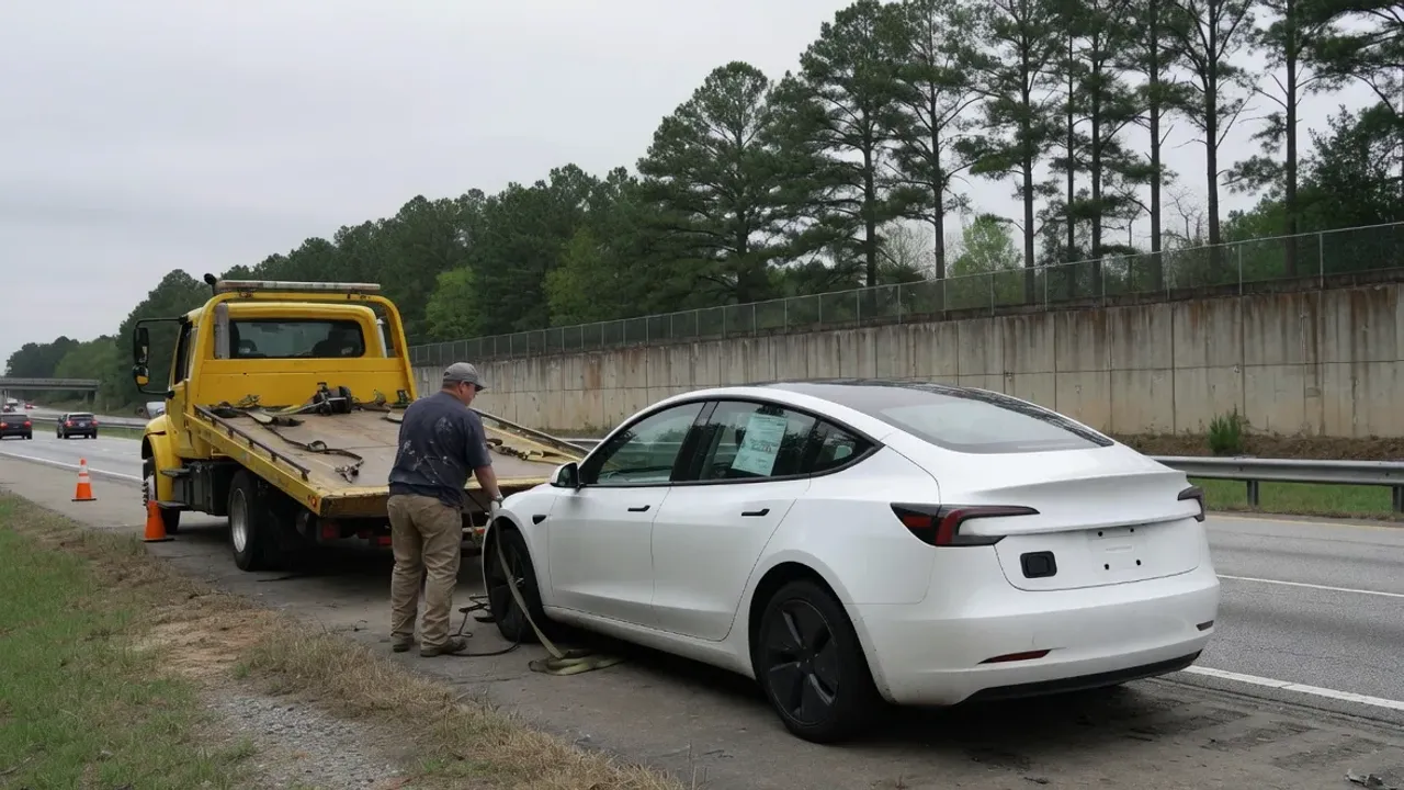 A white electric sedan being winched onto a flatbed tow truck at the side of a road