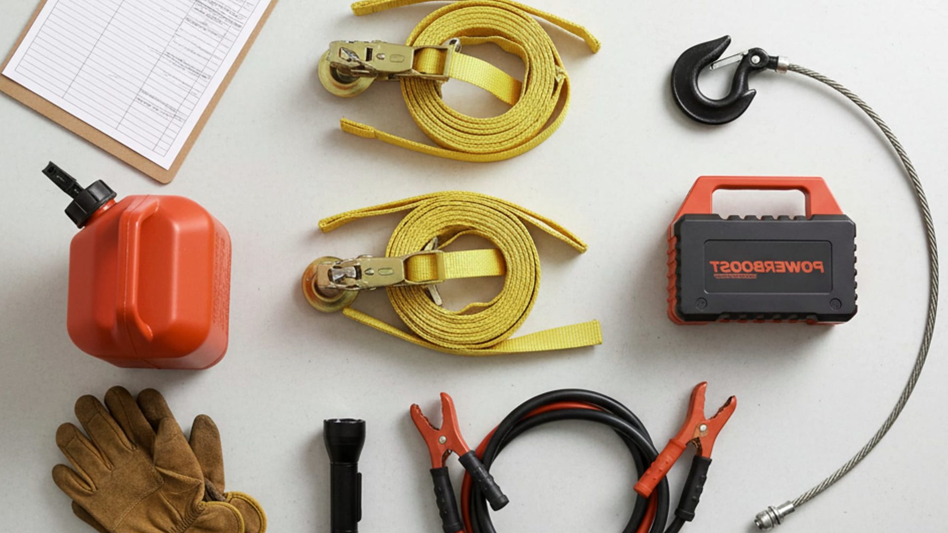 Overhead flat-lay of professional tow equipment including soft-strap wheel nets, jump pack, winch hook, jumper cables, and clipboard with service forms