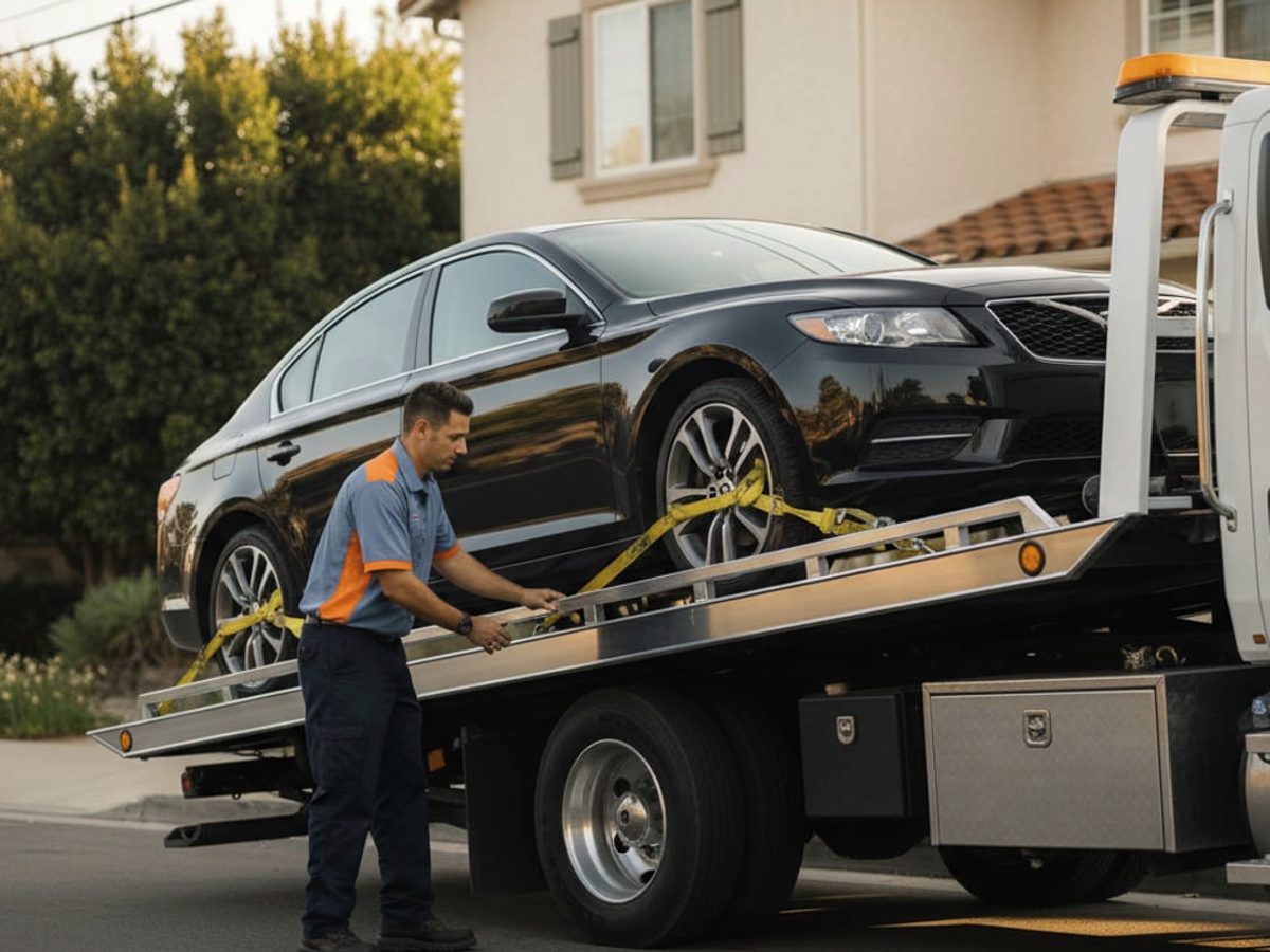 Compact crossover being winched onto a flatbed tow truck in a metro Atlanta parking lot