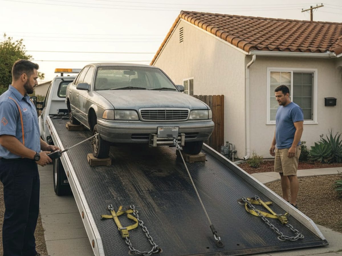 Wheel-lift truck hauling an old rusted sedan out of a backyard in a metro Atlanta suburb