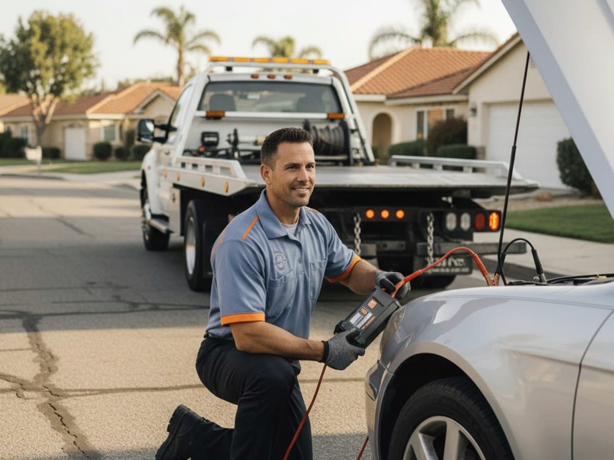 Roadside technician connecting a portable jump pack to a parked hatchback in an Atlanta shopping-center lot