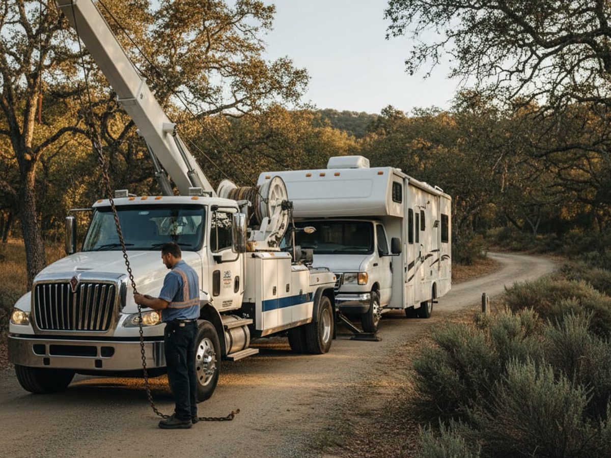 Heavy wrecker lifting the front of a Class A motorhome at a rest area north of Atlanta
