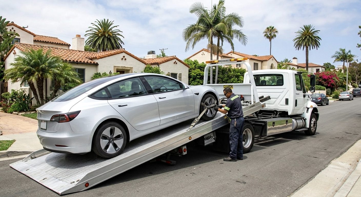 Electric sedan on a flatbed beside a charging station in suburban Atlanta