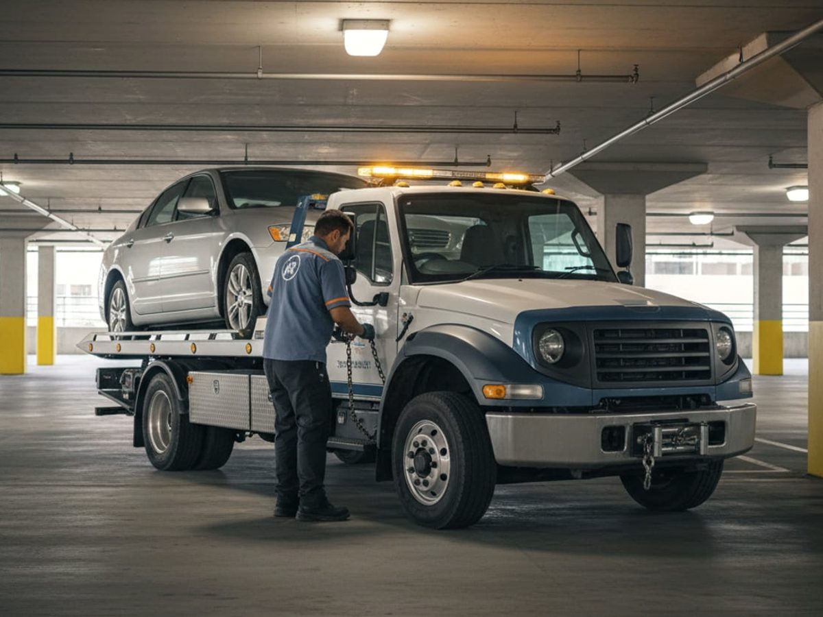 Compact wheel-lift tow truck raising the front end of a sedan in a crowded Atlanta apartment lot